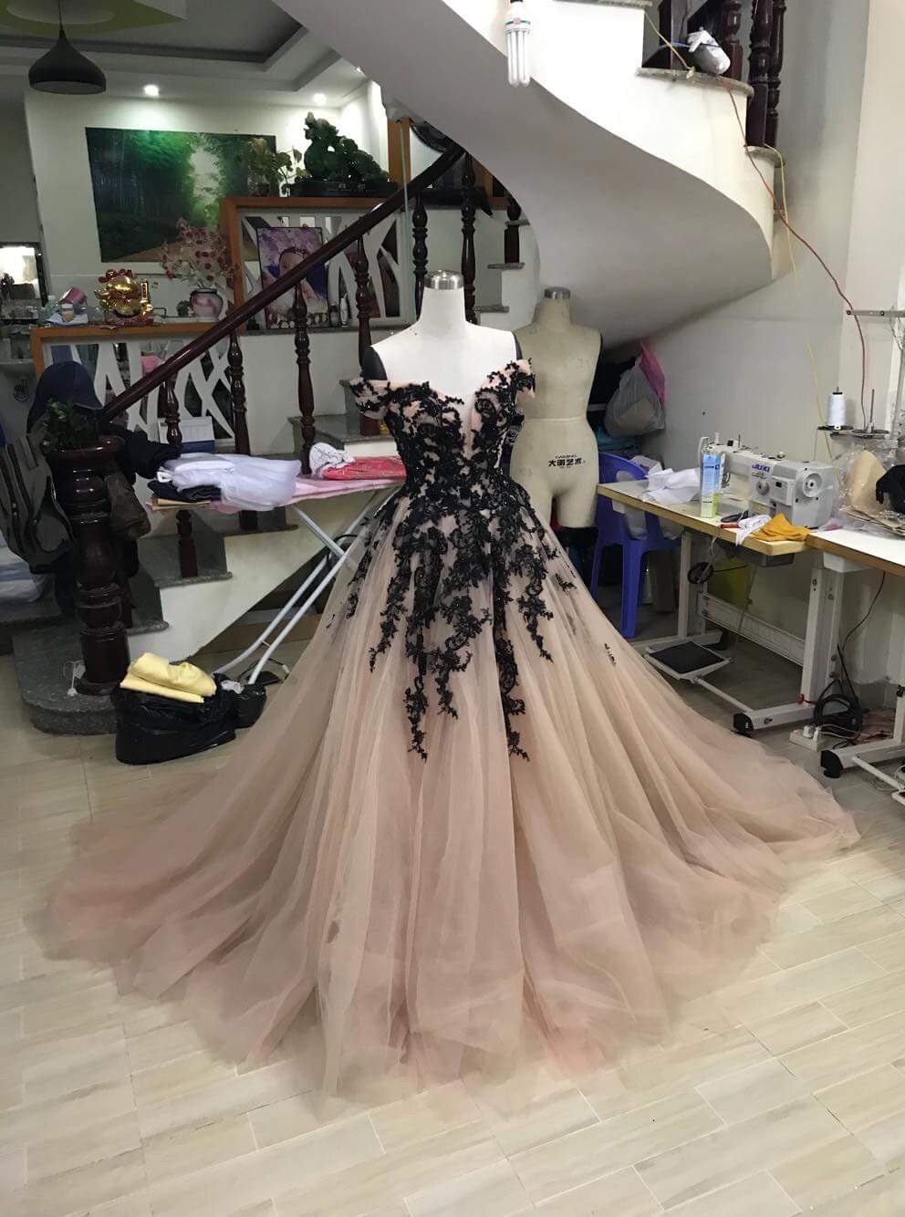 beige and black formal dress Plus Size Cornflower Blue Deep V-Neck Pleated Chiffon Flared Long Slee –  phoehua main image 1