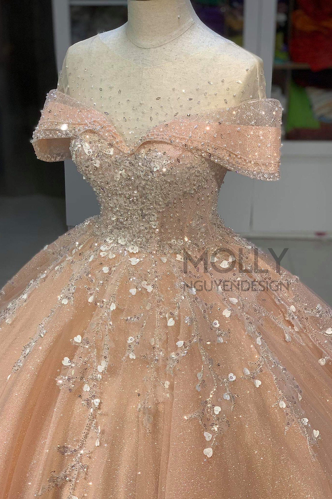 light brown quinceanera dress Rachel Allan RQ2212 Long Beaded Ball Gown Glitter Quinceanera Dress main image 1
