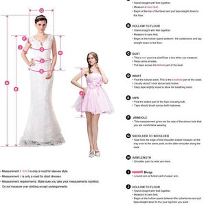 May include: Diagram showing how to measure for a dress. The diagram shows a woman standing with her arms at her sides. The diagram includes labels for height, hollow to floor, bust, waist, hips, armhole, shoulder to shoulder, arm length, bicep, and hollow to floor. The diagram also includes instructions for how to take each measurement.