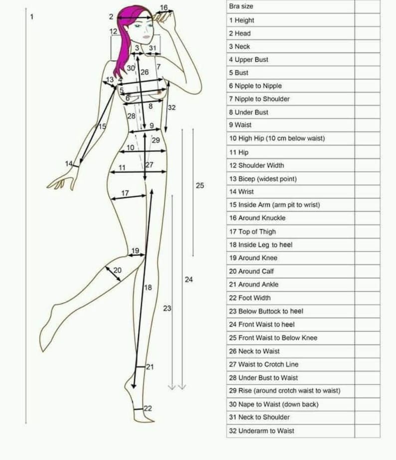 May include: A line drawing of a female figure with numbered lines indicating different body measurements for clothing sizing. The measurements include bust, waist, hip, shoulder width, and leg length.