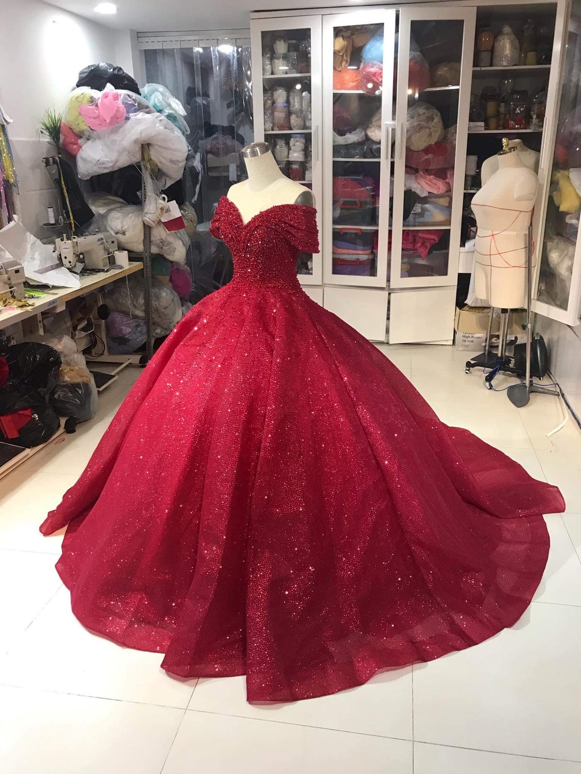 Glitter Off Shoulder Frill High Low Dress Red main image 0