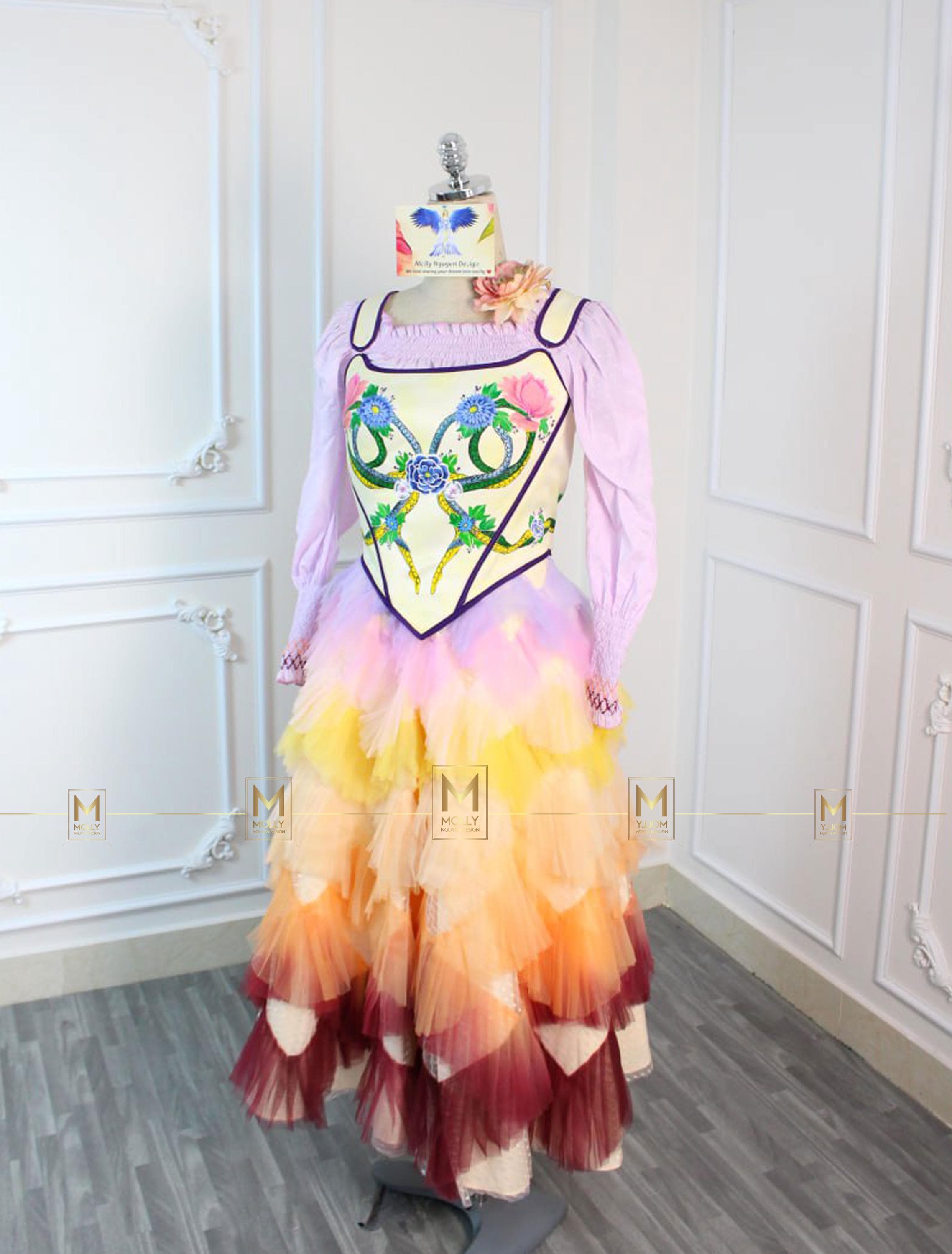 The Lucy Gray Dress Cosplay Hand-paiting details - Inspired Rainbow Dress Cosplay The Lucy Gray Dress Cosplay Hand-paiting details - Inspired Rainbow Dress Cosplay