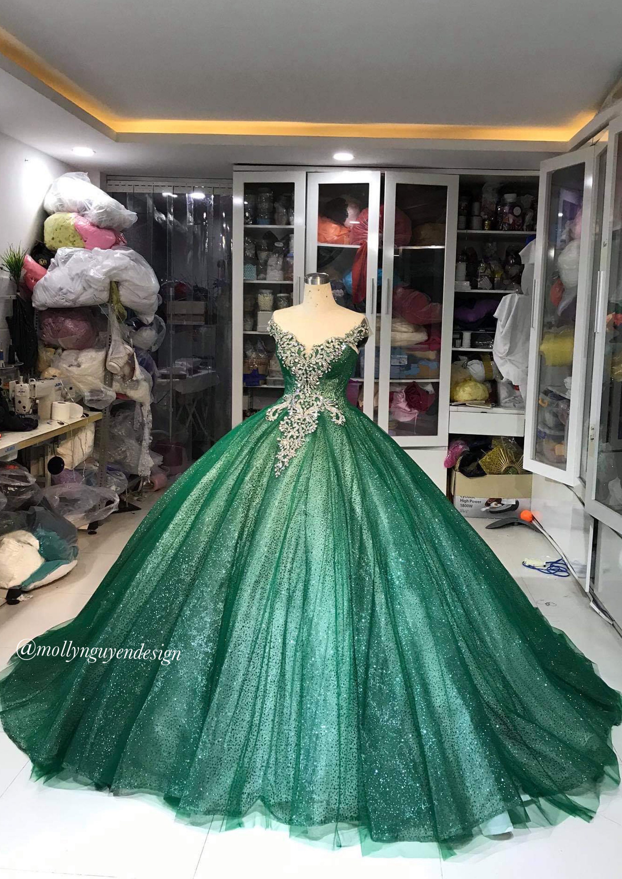 Green Ballgown - Green Glitter Dress - Green Sparkly Dress - Evening Dress - Prom Dress