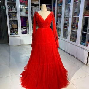 Red Tulle Dress Pleat Fabric Evening Tea Length Dress Dress - Etsy