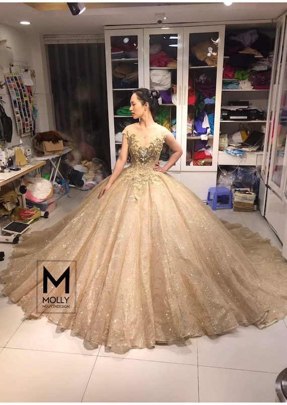 MollyNguyenDesign2 Ready to Ship - Sparkly Dress, Dress Long Evening Dress, Princess Sparkly Gold Dress, Quinceanera Dress, Quinceanera Ballgown