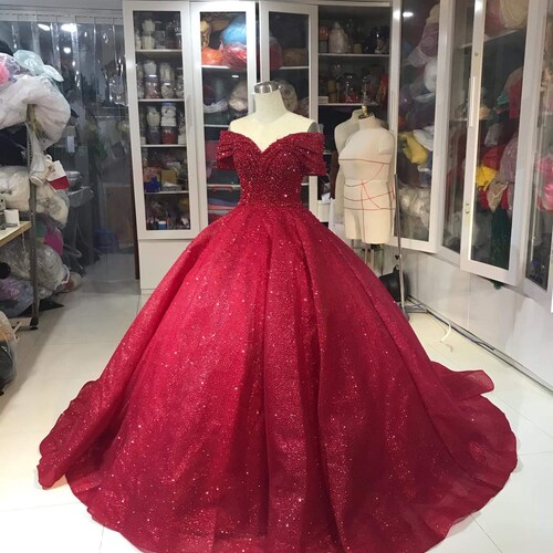 Off shoulder Dress - Off shoulder Red Dress - Red Glitter Fabric - Red Ballgown Dress - Beading Dress - Evening Dress - Prom Dress