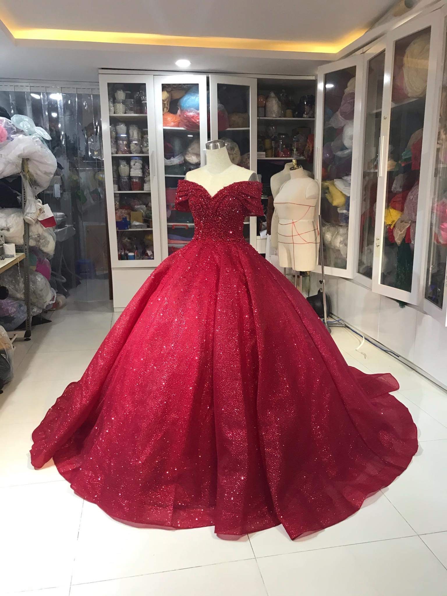 Sparkly Red Glitter and Tulle Flounced Long Prom Gown - VQ