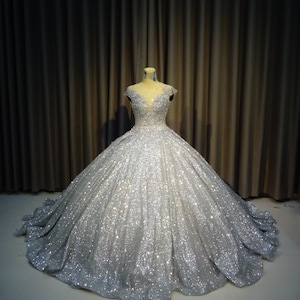 Sparkly Silver  Gown, Silver  Dress - Silver  Ballgown - Wedding Gown, Modern Evening Wear, sparkly Ballgown, Custom Made