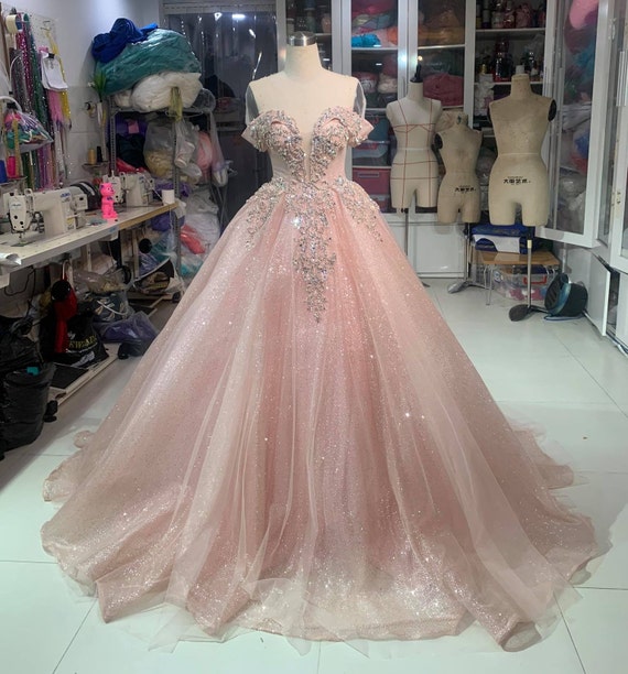 Baby Pink Bling sequined net flared gown – 101 Hues