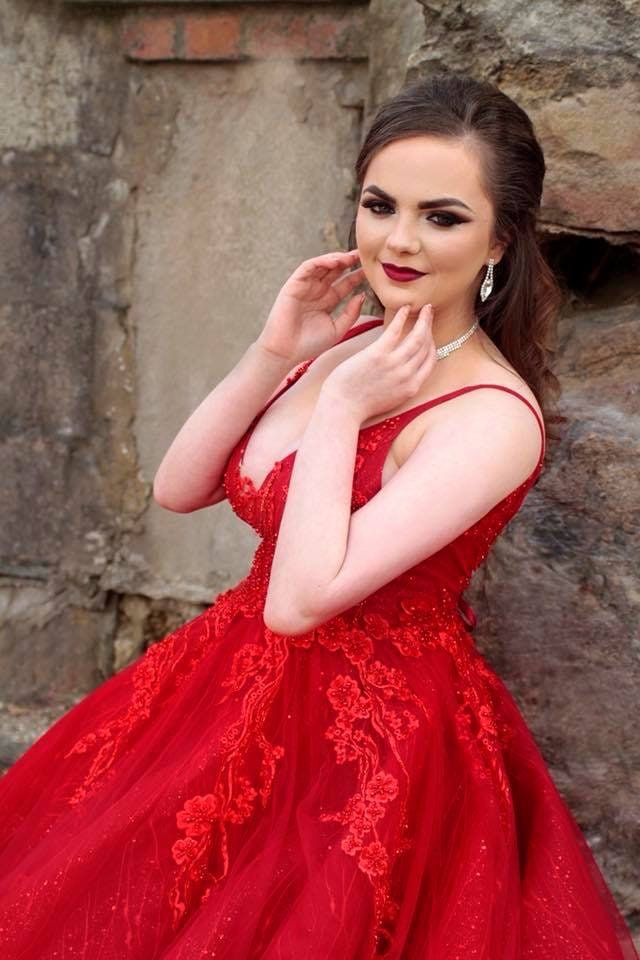 open lace back dress Red Ruffled Puffed Sleeve Prom Dresses with Slit Off The Shoulder Formal Gown 24031 Red / 16W main image 1