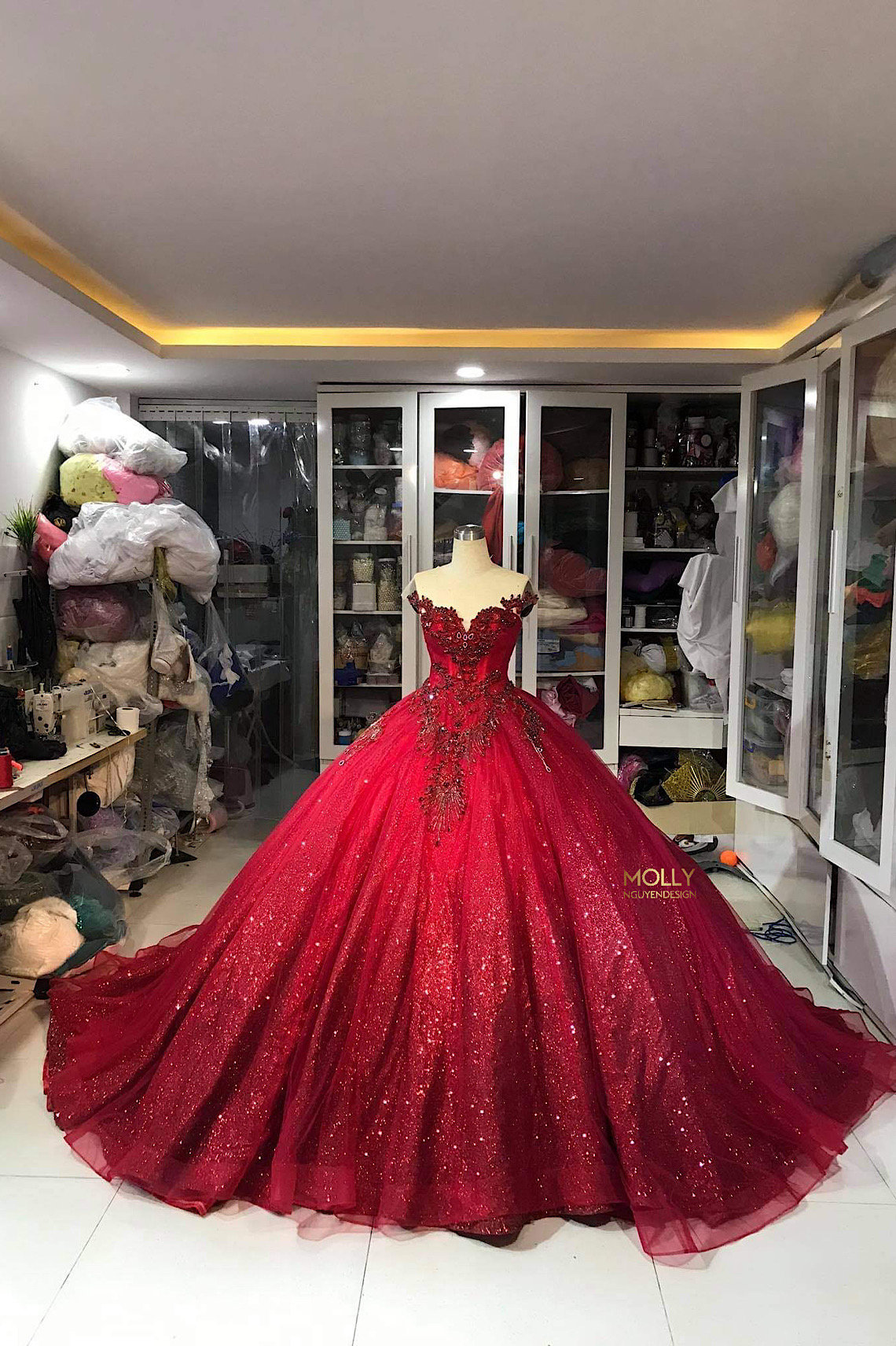 Passion red - Queen style sleeves red sparkle ball gown wedding dress with  beadings, glitter tulle & chapel train - various styles