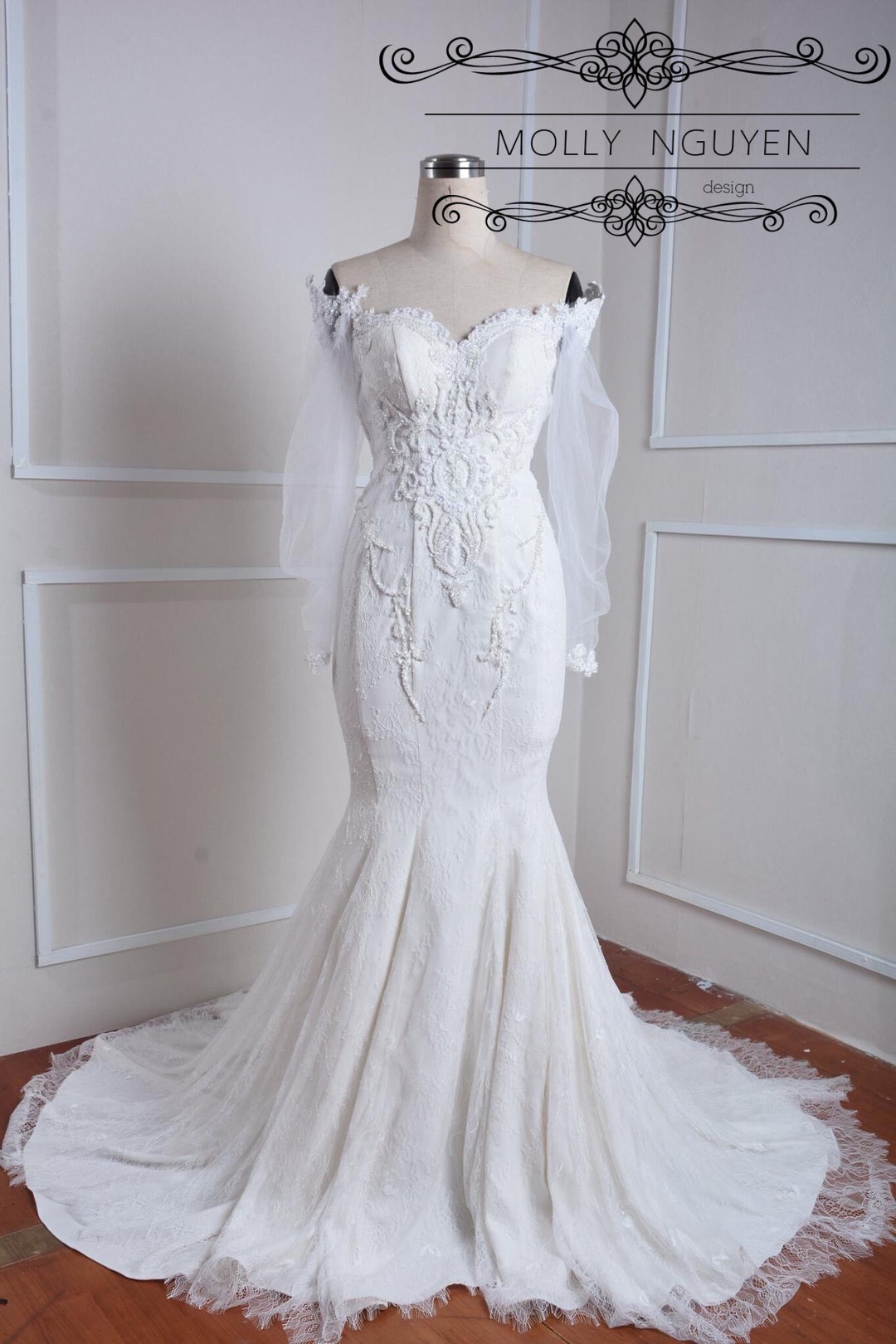 Elegant Off Shoulder Drop Sleeves Mermaid Wedding Dress