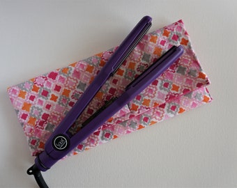 Hair Straightener Flat Iron Cover with Cord Keeper | Pink & Grey Flat Iron Travel Heat Case | Flat Iron Holder