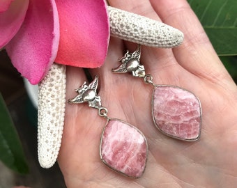 Owl  Rhodochrosite  Dangle Earrings, Owl earrings, Rhodochrosite earrings, Gemstone earrings