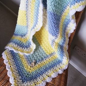 Baby Blanket - Crochet Blue, teal, yellow & white with white frill edge