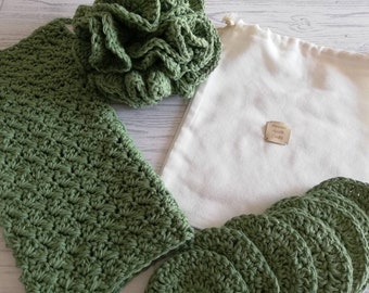 Cotton Wash Set in Green - Eco Friendly (Face Cloth, Shower Pouf & 7 Face Scrubbies).