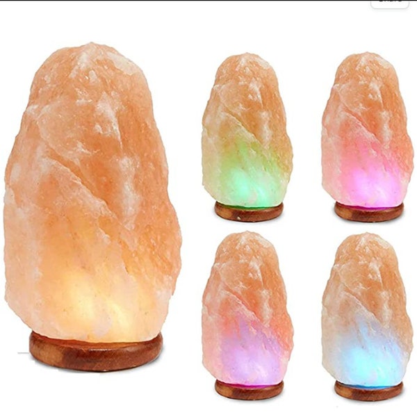 Colors Changing Pure Himalayan Salt Lamp, Salt Rock Lamp, 7 Inches Tall with USB Adaptor and Wooden Base Himalite Carnival of Lights