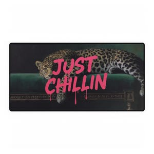 Just Chillin Leopard Desk Mat, Aesthetic Gaming Mouse Pad, Pink Graffiti Art Desk Mat, Animal Print Gamer Setup, Large Keyboard Pad