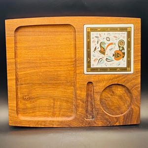 Vintage Georges Briard Woodland Teak Cheese Tray with Enameled Metal Tile