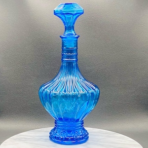 Vintage MCM Empoli Glass Decanter Bottle Vase Blue Textured stopper