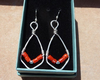 Hand formed Sterling Dangle Earrings with Red Coral Beads