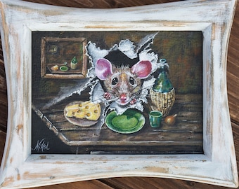 Peeping mouse framed painting, small gallery artwork original, chewed art