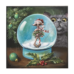 Cat and the Christmas Elf original acrylic painting on canvas, holiday wall art, funny Christmas scene