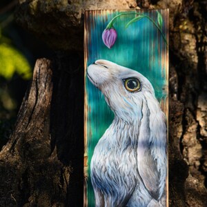 Easter art hand painted white bunny pallet wood