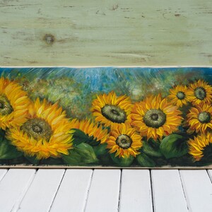 Sunflower painting, original acrylic art on pallet wood, rustic flower sign, horizontal, farmhouse style
