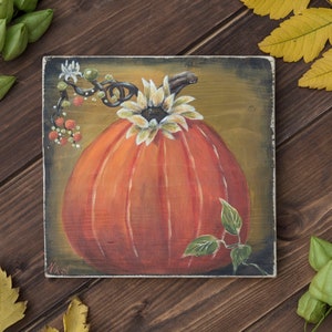 Primitive pumpkin harvest sign hand painted farmhouse decoration, autumn art, orange pumpkin fall decor