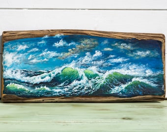 Rustic Wood Ocean Wave Painting, Turquoise Seascape Wall Art
