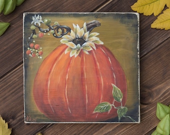 Primitive pumpkin harvest sign hand painted farmhouse decoration, autumn art, orange pumpkin fall decor