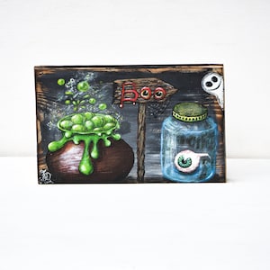 Halloween witch supplies painting on wood, original witch cauldron, witch potion, eyeball, ghost wall art