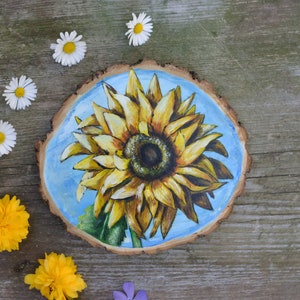 Sunflower mini painting on wood slice original acrylic flower artwork summer decor rustic art