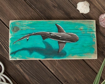 Rustic 3D Shark Painting on Reclaimed Wood, Sea Creature Art