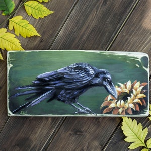 Fall Raven sunflover painting, hand painted recycled wood sign, harvest autumn rustic farmhouse wall art.