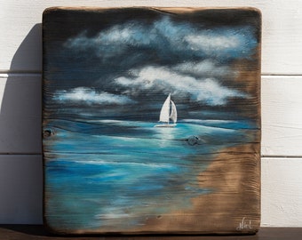 Seascape painting on wood, sailboat art, rustic beach home wall art