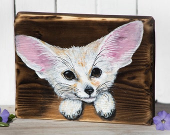Fennec fox baby, sweet animal painting on wood, rustic original wildlife artwork, fox lover gift.
