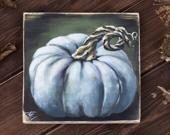 Rustic pumpkin painting farmhouse decoration, autumn art, fall harvest white pumpkin decor