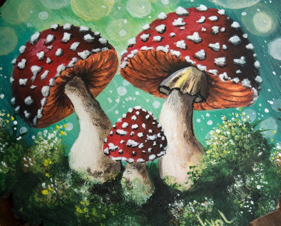 Enchanted Mushroom Original Acrylic Wood Slice Painting, Botanical