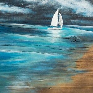 May include: A painting of a sailboat on a blue ocean with a cloudy sky. The painting is done on a wooden board.