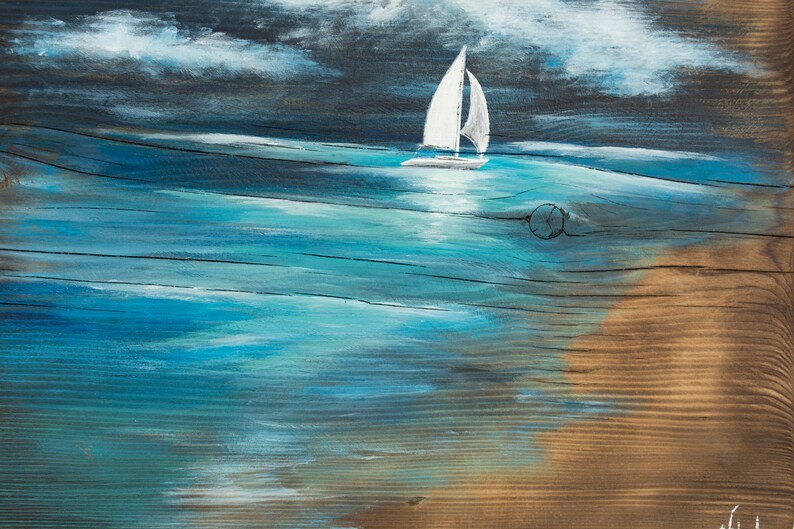 May include: A painting of a sailboat on a blue ocean with a cloudy sky. The painting is done on a wooden board.