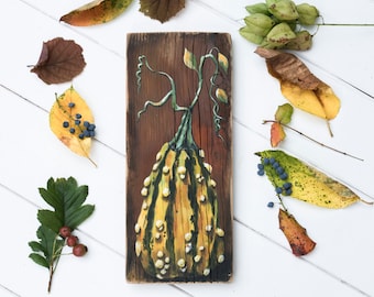 Rustic farmhouse pumpkin painting original, recycled wood, harvest fall autumn season wall art.