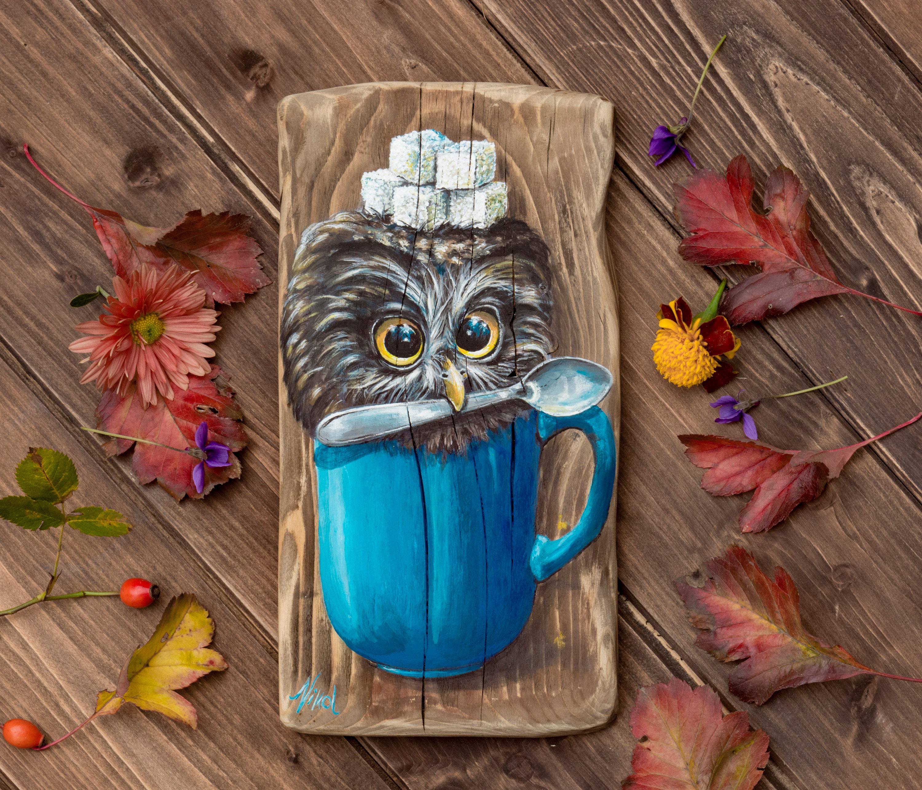 Little owl in mug painting small rustic wood funny bird kitchen wall art