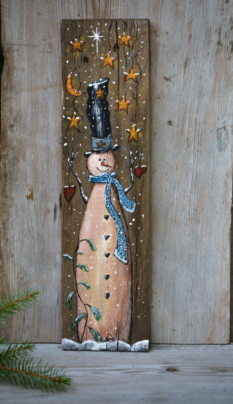 Primitive snowman sign snowman painting on wood Christmas | Etsy