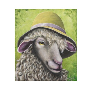 Sheep painting ewe sheep in hat original acrylic on stretched canvas