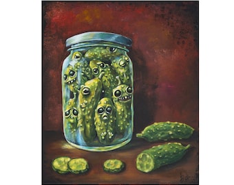 Pickles acrylic painting, pickled cucumber weird vegetable art, kitchen unusual wall decor, canvas original