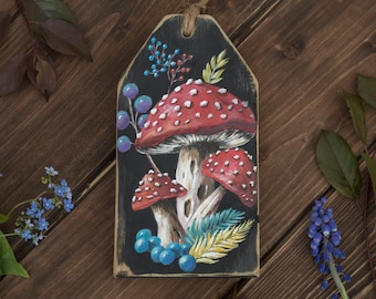 Fly agaric hand painted wooden cottagecore ornament