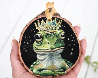 Frog king portrait painting, small original toad art, wood slice onament