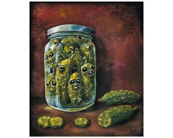 Pickles in a jar print, weird cucumber illustration